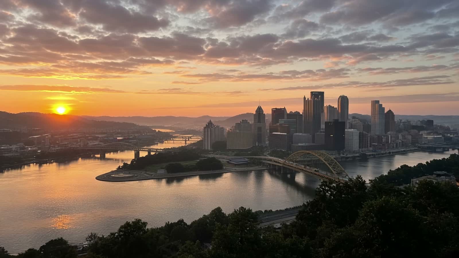 Pittsburgh skyline at sunrise seen from Mount Washington